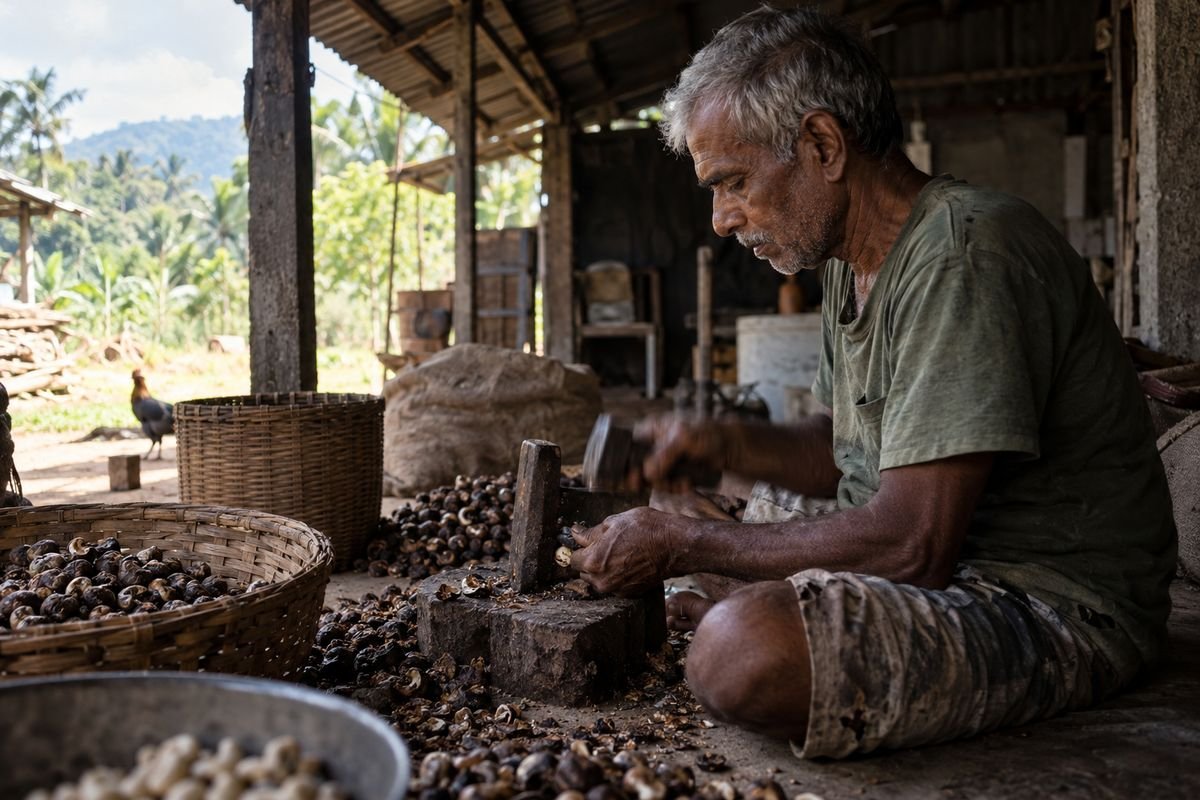 Cashews spilling from a hessian sack with fresh green leaves