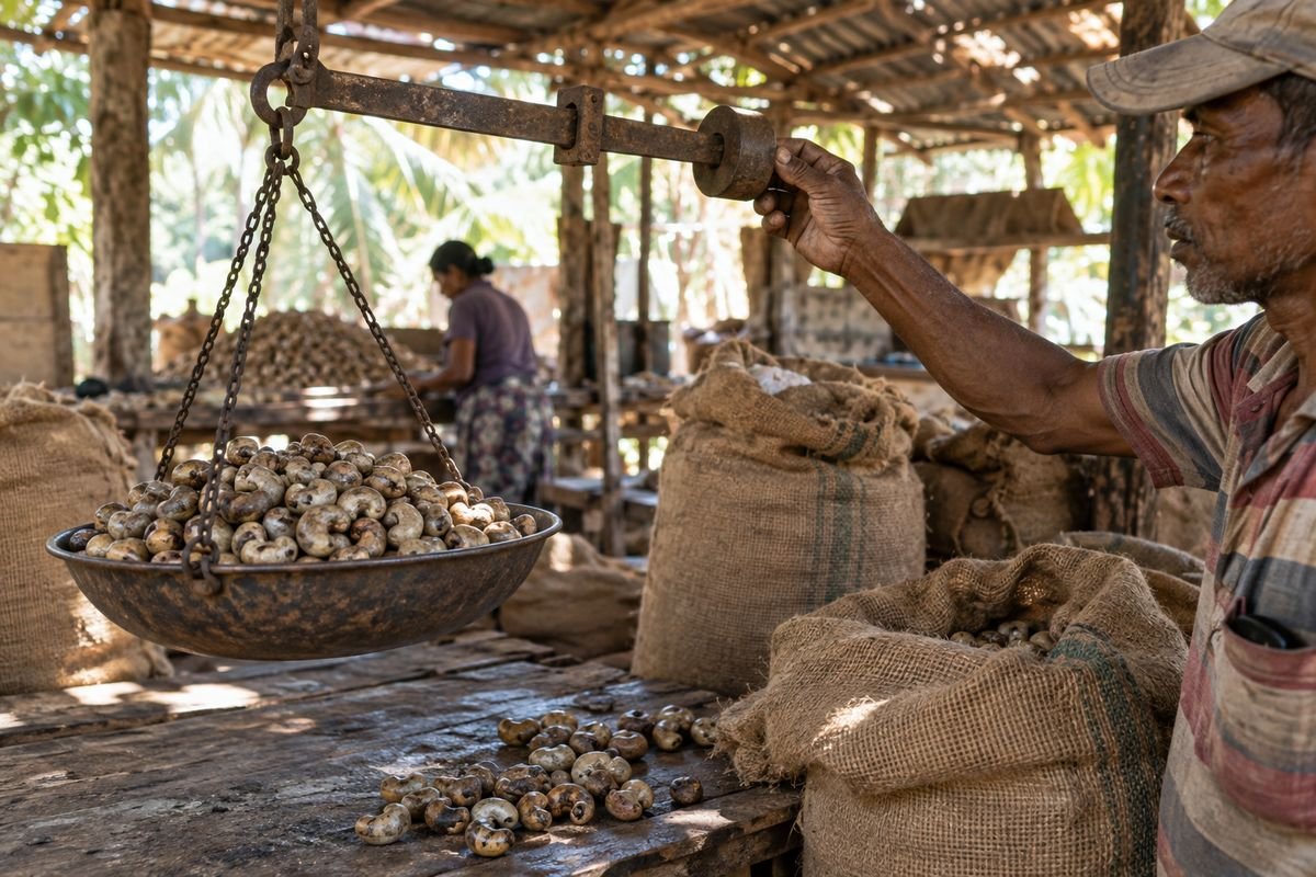 Basket of cashews with a cashew tree and farmland in the background